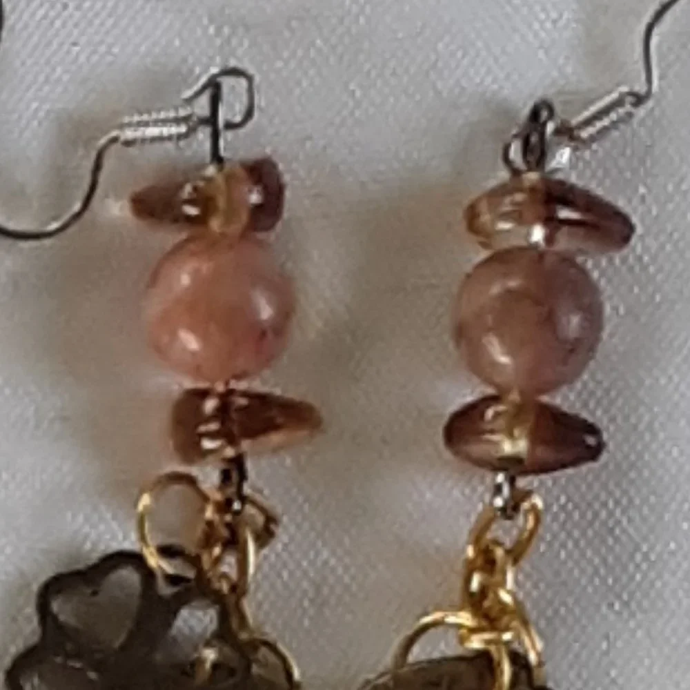 Handcrafted Pierced Sweeper Earrings Gemstone Beads Double Keys LOVE Hearts - Picture 3 of 7